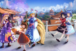 Rule 34 | 5girls, animal ears, animal hat, architecture, arm ribbon, armlet, black footwear, black skirt, blonde hair, blue dress, blue eyes, blue sky, boots, bow, bridge, brown eyes, brown footwear, brown hair, cabbie hat, carrying, cat ears, cat tail, chen, china, cloud, day, detached sleeves, dragon, dress, earrings, east asian architecture, expressionless, flame print, floral print, fluffy, folding fan, footwear ribbon, fox tail, frilled dress, frilled skirt, frills, hagoromo, hair bow, hair ornament, hair stick, hand fan, hat, hat ribbon, jewelry, jiangshi, kaku seiga, knee boots, kneehighs, lantern, leg ribbon, legband, light particles, long hair, long sleeves, looking at another, looking at viewer, looking back, miyako yoshika, mob cap, mountain, multiple girls, multiple tails, one eye closed, open clothes, open mouth, open vest, outdoors, outstretched arms, paper lantern, mob cap, puffy long sleeves, puffy sleeves, purple dress, purple eyes, red shirt, red skirt, red vest, ribbon, sash, shawl, shiizako you, shirt, shoes, short hair, sidelocks, skirt, skirt set, sky, smile, smoke, socks, star (symbol), tabard, tail, talisman, touhou, trigram, two tails, very long hair, vest, walking, watching, white dress, white legwear, white vest, wide sleeves, yakumo ran, yakumo yukari, yellow ribbon, yin yang, zombie pose