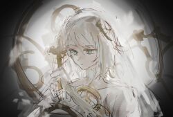 Rule 34 | 1girl, blue eyes, bridal veil, clock, dress, e.g.o (project moon), faust (project moon), gears, highres, holding, holding weapon, limbus company, looking at object, project moon, short hair, sixgod, solo, veil, weapon, wedding dress, white hair