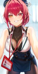 Rule 34 | 1girl, absurdres, alternate costume, black bra, black pantyhose, blush, bodystocking, bra, breasts, cleavage, commentary request, covered collarbone, earrings, grin, heart, heart necklace, heterochromia, highres, hololive, houshou marine, houshou marine (businesswoman), id card, jewelry, kobayashi (jna x rgh), lanyard, large breasts, necklace, official alternate costume, pantyhose, parted lips, red eyes, red hair, revision, shirt, short hair, sleeveless, sleeveless shirt, smile, solo, teeth, underwear, virtual youtuber, white shirt, yellow eyes