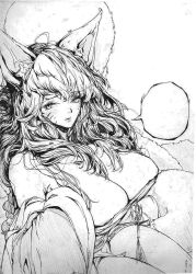 Rule 34 | 1girl, ahri (league of legends), animal ears, bare shoulders, breasts, dmdkrxmrrmq, facial mark, female focus, greyscale, korean clothes, large breasts, league of legends, lips, long hair, messy hair, monochrome, solo, traditional media, whisker markings, white background