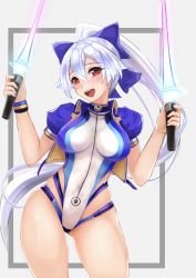 Rule 34 | 1girl, :d, absurdres, blue bow, blue jacket, blush, bow, breasts, competition swimsuit, cropped jacket, dual wielding, energy sword, fate/grand order, fate (series), hair between eyes, hair bow, highleg, highleg swimsuit, highres, holding, holding sword, holding weapon, jacket, medium breasts, moral-steel, multicolored clothes, multicolored swimsuit, one-piece swimsuit, open clothes, open jacket, open mouth, ponytail, red eyes, short sleeves, silver hair, smile, striped wristband, swimsuit, sword, tomoe gozen (fate), tomoe gozen (swimsuit saber) (fate), tomoe gozen (swimsuit saber) (first ascension) (fate), two-tone swimsuit, weapon