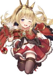 Rule 34 | 1girl, :d, black thighhighs, blonde hair, blush, book, breasts, cagliostro (granblue fantasy), cape, crown, detached sleeves, dress, frills, granblue fantasy, hairband, hand on own cheek, hand on own face, highres, holding, holding book, jewelry, long hair, long sleeves, looking at viewer, one eye closed, open mouth, purple eyes, red cape, red dress, sg (satoumogumogu), simple background, skirt, small breasts, smile, solo, teeth, thighhighs, upper teeth only, white background, zettai ryouiki