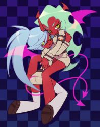 Rule 34 | 10s, 2girls, agata (agatha), agatha210, anime coloring, bad id, bad pixiv id, blue hair, checkered background, colored skin, demon girl, demon tail, detached wings, full body, glasses, green hair, horns, hug, kneeling, kneesocks (psg), long hair, multiple girls, official style, panty &amp; stocking with garterbelt, ponytail, red skin, scanty (psg), siblings, sisters, sitting, tail, thighhighs, uniform, white legwear, wings, zettai ryouiki