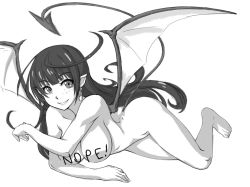 Rule 34 | 1girl, breasts, censored, censored by text, censored nipples, chuunioniika, demon girl, demon tail, demon wings, earrings, female focus, greyscale, jewelry, large breasts, lilim (shinkai no valkyrie), long hair, monochrome, novelty censor, nude, pointy ears, shinkai no valkyrie, sketch, smile, solo, tail, unfinished, wings