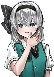 Rule 34 | 1girl, black hairband, blue eyes, collared shirt, green vest, grey hair, hairband, hand in mouth, highres, konpaku youmu, looking at viewer, open mouth, puffy sleeves, ramiki, ribbon, shirt, short hair, short sleeves, simple background, touhou, upper body, vest, white background, white shirt