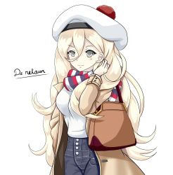 Rule 34 | 1girl, alternate costume, beret, blonde hair, blue eyes, coat, denim, hair between eyes, hat, highres, jeans, kantai collection, long hair, long sleeves, mole, mole under eye, multicolored clothes, multicolored scarf, open clothes, open coat, pants, richelieu (kancolle), scarf, shirt, simple background, smile, solo, tk8d32, white background, white hat, white shirt