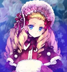Rule 34 | 1girl, alice (messiah), bad id, bad twitter id, blonde hair, blue eyes, bonnet, bow, carnelian, drill hair, earrings, flower, flower earrings, forehead, hair bow, hat, jewelry, long hair, looking at viewer, messiah (game), muff, red bow, solo