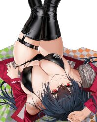 Rule 34 | 1girl, absurdres, arm up, armpits, azur lane, bare shoulders, bikini, bikini pull, black bikini, black hair, black thighhighs, breasts, chinese commentary, cleavage, clothes pull, commentary request, copyright name, feet out of frame, highres, hs (user hvww8443), jacket, large breasts, legs up, long hair, long sleeves, looking at viewer, looking up, lying, official alternate costume, on back, open clothes, open jacket, race queen, red eyes, red jacket, simple background, skindentation, smile, solo, swimsuit, taihou (azur lane), taihou (enraptured companion) (azur lane), text print, thigh strap, thighhighs, thighs, twintails, upside-down, white background