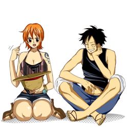 Rule 34 | 1boy, 1girl, black eyes, black hair, blush, couple, hat, monkey d. luffy, nami (one piece), one piece, orange hair, pirate, short hair, smile, tattoo