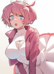Rule 34 | 1girl, ahoge, blue eyes, blush, breasts, cleavage cutout, clothing cutout, collar, dress, elphelt valentine, frilled dress, frills, guilty gear, guilty gear strive, hairband, highres, huge ahoge, jacket, large breasts, long sleeves, looking at viewer, open mouth, pink hair, pink hairband, pink jacket, short hair, spiked collar, spiked hairband, spikes, yeji36