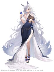 Rule 34 | 1girl, absurdly long hair, absurdres, animal ear fluff, animal ears, azur lane, bare shoulders, black footwear, blue butterfly, blue gemstone, blush, breasts, bug, butterfly, butterfly on hand, choker, cleavage, cleavage cutout, clothing cutout, covered navel, dress, evening gown, feather boa, fox ears, fox girl, fox tail, full body, gem, halter dress, halterneck, hand up, highres, insect, jewelry, kikimi, kitsune, large breasts, large tail, long dress, long hair, looking at viewer, multiple tails, official alternate costume, purple dress, purple eyes, ring, see-through, see-through cleavage, shinano (azur lane), side slit, simple background, sleeveless, sleeveless dress, solo, standing, tail, thigh strap, u-treasure, very long hair, wedding ring, white background, white hair, white tail