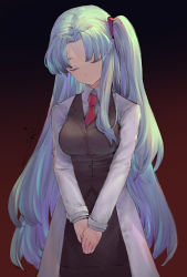 Rule 34 | angela (project moon), black background, black skirt, black vest, blouse, breasts, closed eyes, closed mouth, collared shirt, commentary request, eyebrows hidden by hair, forehead, gradient background, head tilt, highres, io (io oekaki), lobotomy corporation, long hair, medium breasts, necktie, one side up, parted bangs, project moon, red background, red necktie, shirt, skirt, solo, standing, very long hair, vest, white shirt