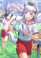 Rule 34 | 3girls, :d, air shakur (umamusume), animal ears, black hair, breasts, brown eyes, brown headwear, character request, commentary request, day, ear covers, eyebrow piercing, floating hair, gold ship (umamusume), grey hair, grin, gym shirt, gym shorts, gym uniform, hat, highres, holding, horse ears, horse girl, horse tail, long hair, medium breasts, mini hat, multiple girls, open mouth, outdoors, people, piercing, puffy short sleeves, puffy sleeves, purple eyes, red shorts, relay baton, running, shaka (staito0515), sharp teeth, shirt, shoes, short shorts, short sleeves, shorts, smile, socks, tail, teeth, tongue, tongue out, umamusume, upper teeth only, v-shaped eyebrows, very long hair, white footwear, white legwear, white shirt