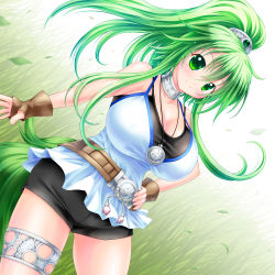 Rule 34 | 1girl, bare shoulders, breasts, collar, duel monster, dutch angle, female focus, fingerless gloves, gloves, grass, green eyes, green hair, hair ornament, hairband, hand on own hip, highres, jewelry, kogarashi (wind of winter), large breasts, leaf, long hair, looking at viewer, matching hair/eyes, necklace, ponytail, shorts, smile, solo, winda priestess of gusto, yu-gi-oh!, yuu-gi-ou, yu-gi-oh! duel monsters