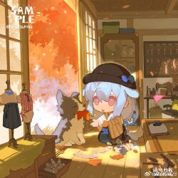 Rule 34 | 1girl, absurdres, animal ears, artist name, autumn, autumn leaves, beanie, black hat, blue bow, blue hair, blue hakama, border collie, bow, chibi, chinese commentary, chinese text, commentary request, dog, dog ears, dog tail, fabric, falling leaves, fukurou (linxiao 2024), full body, gun, hair between eyes, hakama, handgun, hat, hat bow, highres, holding, holding leaf, indoors, japanese clothes, kimono, kneeling, leaf, light particles, long hair, long sleeves, looking at animal, mannequin, mouth hold, original, outstretched arm, pink eyes, sample watermark, scissors, sewing kit, shouji, sliding doors, solo, striped clothes, striped kimono, sunlight, tail, vertical-striped clothes, vertical-striped kimono, vertical-striped sleeves, watermark, weapon, weibo logo, weibo watermark, white kimono, white sleeves, wide sleeves