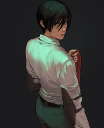 Rule 34 | 1girl, absurdres, artbyshinji, belt, black background, black belt, black eyes, black hair, black pants, closed mouth, cowboy shot, elbow pads, hair between eyes, highres, holding, holding clothes, holding scarf, long sleeves, looking at viewer, mikasa ackerman, pants, red scarf, scar, scar on face, scarf, shingeki no kyojin, shirt, short hair, simple background, solo, standing, unworn scarf, white shirt