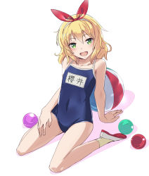 Rule 34 | 10s, 1girl, :d, arm support, ball, beachball, blonde hair, bow, competition school swimsuit, green eyes, hair bow, hand on own thigh, highres, idolmaster, idolmaster cinderella girls, kawaty, name tag, one-piece swimsuit, open mouth, sakurai momoka, school swimsuit, shoes, short hair, smile, socks, solo, swimsuit, uwabaki