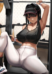 Rule 34 | 1girl, :o, arm up, armpits, barbell, black eyes, black hair, breasts, cleavage, collarbone, gym, hair intakes, hat, highres, indoors, large breasts, long hair, lynus, midriff, naoko-san, original, skin tight, solo, spread legs, sweat, workout clothes, wristband