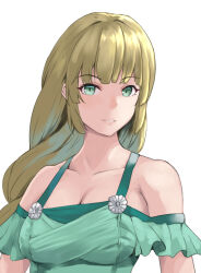 Rule 34 | 1girl, bare shoulders, bikini, blonde hair, blunt bangs, breasts, cleavage, collarbone, commentary request, fire emblem, fire emblem: three houses, fire emblem heroes, green bikini, green eyes, grin, highres, ingrid brandl galatea, long hair, looking at viewer, medium breasts, nintendo, off-shoulder bikini, off shoulder, official alternate costume, sail (sail-away), short sleeves, simple background, smile, solo, swimsuit, upper body, white background
