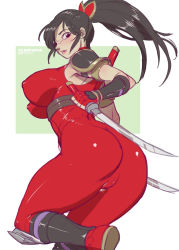 Rule 34 | 1girl, ass, black hair, bodysuit, bokuman, breasts, covered erect nipples, eyebrows, fingerless gloves, gloves, kodachi, large breasts, long hair, looking at viewer, looking back, ninja, open mouth, ponytail, red bodysuit, red eyes, short sword, simple background, smile, solo, soul calibur, sword, taki (soulcalibur), weapon