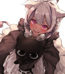 Rule 34 | 1girl, absurdres, animal, animal ear fluff, animal ears, apron, black cat, black dress, blush, braid, cat, cat ears, cat girl, cat tail, dress, fangs, frilled apron, frills, highres, holding, holding animal, holding cat, long sleeves, looking at viewer, maid, maid apron, matsukai mao, nijisanji, open mouth, purple eyes, short hair, silver hair, simple background, sleeves past fingers, sleeves past wrists, smile, solo, tail, virtual youtuber, white apron, white background, yukirei