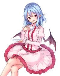 Rule 34 | 1girl, bat wings, commentary, crossed legs, cup, dress, feet out of frame, frilled dress, frills, head tilt, highres, holding, holding cup, juliet sleeves, junior27016, long sleeves, looking at viewer, no headwear, open mouth, pink dress, pointy ears, puffy sleeves, remilia scarlet, short hair, simple background, sitting, smile, solo, teacup, touhou, white background, wings