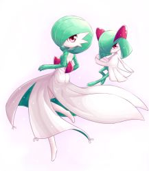 Rule 34 | 2girls, ass, blush, breasts, creature, creatures (company), full body, game freak, gardevoir, gen 3 pokemon, green hair, kirlia, looking at viewer, looking back, multiple girls, nintendo, no humans, pokemoa, pokemon, pokemon (creature), red eyes, simple background, smile, white background