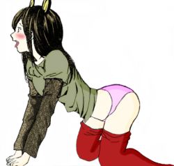 Rule 34 | 1girl, all fours, animal ears, blush, brown hair, cat ears, death note, lowres, panties, pink panties, red thighhighs, thighhighs, tongue, underwear, yagami sayu