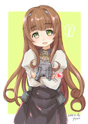 Rule 34 | !, 1girl, artist name, black skirt, blunt bangs, border, brown hair, commentary request, cowboy shot, dated, fyuo, green background, green eyes, helena (kancolle), helena kai (kancolle), highres, kantai collection, long hair, looking at viewer, military, military uniform, neck ribbon, pin, ribbon, skirt, spoken exclamation mark, star (symbol), two-tone background, uniform, white border