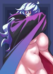 Rule 34 | 1girl, @ @, ahoge, alternate breast size, belly, black hair, blue background, blue eyes, breasts, cape, creatures (company), game freak, gradient background, hair between eyes, hairband, head tilt, hex maniac (pokemon), highres, huge breasts, long hair, looking at viewer, naked cape, nintendo, npc trainer, nude, open mouth, plump, pokemon, pokemon xy, purple hairband, shiny skin, smile, solo, standing, stomach, thick thighs, thighs, yukinoserizawa