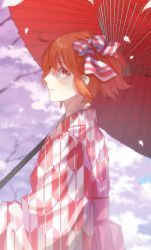 Rule 34 | 1girl, bow, day, fate/grand order, fate (series), from side, fujimaru ritsuka (female), fujimaru ritsuka (female) (walking in the spring breeze), hair between eyes, hair bow, highres, holding, holding umbrella, japanese clothes, kimono, looking at viewer, official alternate costume, oil-paper umbrella, orange eyes, orange hair, outdoors, petals, red umbrella, short hair, smile, solo, standing, striped, striped bow, toa (user enm6130), umbrella, yukata