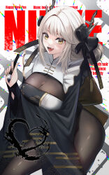 Rule 34 | 1girl, :d, black kimono, black ribbon, blanc (nikke), blanc (white rabbit) (nikke), blunt bangs, bodystocking, breasts, cleavage, fang, goddess of victory: nikke, hair intakes, hair ornament, hair ribbon, highres, holding, japanese clothes, kimono, large breasts, long hair, long sleeves, official alternate costume, open mouth, ribbon, skin fang, smile, solo, soo 9912, two-tone kimono, very long hair, white hair, white kimono, yellow eyes