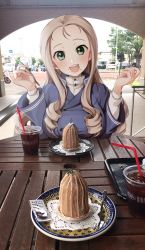 Rule 34 | 1girl, blonde hair, blush, breasts, crumbs, cup, day, drinking straw, eyebrows, food, food on face, food request, fork, girls und panzer, green eyes, highres, holding, holding fork, large breasts, long hair, long sleeves, looking at viewer, marie (girls und panzer), open mouth, outdoors, plate, ringlets, smile, soda, solo, tarou (komekueyo), teeth, upper teeth only, very long hair