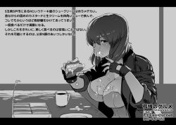 Rule 34 | 1girl, breasts, cleavage, eating, fingerless gloves, food, ghost in the shell, ghost in the shell stand alone complex, gloves, holding, holding food, kusanagi motoko, large breasts, looking at viewer, monochrome, sashizume soutarou, sexually suggestive, shiny skin, translation request