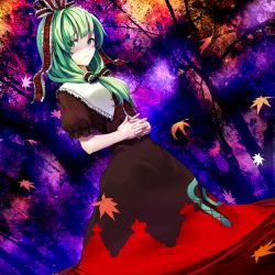 Rule 34 | 1girl, bad id, bad pixiv id, bow, chirigami-san, dress, female focus, forest, front ponytail, green eyes, green hair, hair bow, hair ribbon, own hands clasped, kagiyama hina, leaf, matching hair/eyes, nature, own hands together, ribbon, shaded face, short hair, solo, touhou, tree