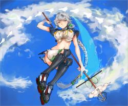 Rule 34 | 10s, 1girl, asymmetrical hair, braid, breasts, cleavage cutout, clothing cutout, cloud print, colored eyelashes, crop top, green thighhighs, kantai collection, large breasts, light smile, long hair, looking to the side, midriff, miniskirt, navel, silver hair, single braid, sketch, skirt, solo, staff, thighhighs, thighs, unryuu (kancolle), usukikaori(nino), very long hair, wavy hair, yellow eyes