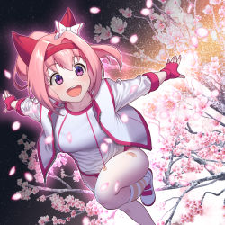 Rule 34 | 1girl, :d, absurdres, animal ears, ash blossom &amp; joyous spring, bandaid, bandaid on leg, black background, blush, bow, breasts, buruma, cherry blossoms, commentary, ear bow, ear covers, falling petals, fingerless gloves, floating, flower-shaped pupils, flower in eye, gloves, gym uniform, hair between eyes, hair intakes, haru urara (umamusume), headband, highres, horse ears, horse girl, jacket, kneehighs, long hair, long sleeves, looking to the side, medium breasts, name connection, open clothes, open jacket, open mouth, outline, outstretched arms, parody, petals, pink eyes, pink gloves, pink hair, ponytail, red buruma, red headband, shirt, shoes, sidelocks, smile, socks, solo, striped clothes, striped socks, symbol-shaped pupils, symbol in eye, teeth, track jacket, tree, umamusume, upper teeth only, white footwear, white jacket, white shirt, ybee, yu-gi-oh!