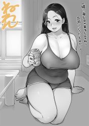 Rule 34 | 1girl, alcohol, arm support, bare shoulders, beer, beer can, blush, breasts, can, cleavage, collarbone, commentary request, covered erect nipples, curtains, curvy, drink can, electrical outlet, greyscale, holding, holding can, large breasts, long hair, looking at viewer, mature female, mole, mole under eye, monochrome, neone, no bra, open mouth, original, plump, shirt, short shorts, shorts, sitting, smile, solo, table, tank top, taut clothes, taut shirt, thick thighs, thighs, translated, window