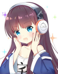 Rule 34 | 1girl, :d, azur lane, bare shoulders, blue eyes, blue jacket, blush, brown hair, clothes writing, collarbone, commentary request, fingernails, hands on own cheeks, hands on own face, headphones, jacket, lenxiao, long hair, long island (azur lane), long island (long island - indoor slacker) (azur lane), nail polish, off-shoulder shirt, off shoulder, open mouth, pink nails, shirt, sidelocks, simple background, smile, solo, sparkle, very long hair, white background, white shirt