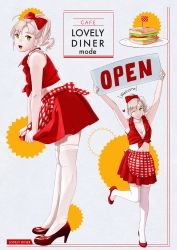 Rule 34 | 1girl, absurdres, alternate costume, antenna hair, apron, armpits, arms up, bad id, bad twitter id, bare shoulders, bow, breasts, cleavage, english text, facing viewer, food, foot up, gingham, green eyes, grey background, grey hair, hair bow, heart, high heels, highres, kantai collection, kinugasa (kancolle), leg up, looking at viewer, midriff, miniskirt, multiple views, navel, ojipon, one eye closed, open mouth, open sign, pleated skirt, ponytail, pumps, red bow, red footwear, red shirt, red skirt, sandwich, shirt, sidelocks, simple background, skindentation, skirt, sleeveless, sleeveless shirt, smile, standing, standing on one leg, thighhighs, tied shirt, waist apron, waitress, white shirt, white thighhighs, wink, zettai ryouiki