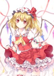 Rule 34 | 1girl, arm ribbon, ascot, backlighting, bad id, bad pixiv id, blonde hair, clothes lift, embellished costume, flandre scarlet, hat, hat ribbon, looking at viewer, mob cap, petticoat, puffy sleeves, red eyes, ribbon, riichu, shirt, short sleeves, skirt, skirt lift, skirt set, solo, thigh strap, touhou, vest, wings, wrist cuffs