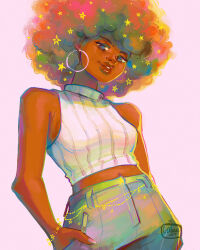 1girl afro breasts commentary crop_top curly_hair dark-skinned_female dark_skin denim earrings english_commentary from_below geneva_bowers hand_in_pocket highres hoop_earrings jeans jewelry looking_at_viewer looking_down medium_hair midriff navel original pants simple_background solo standing tank_top very_dark_skin white_tank_top