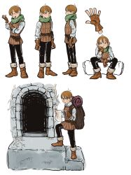 Rule 34 | 1boy, adjusting clothes, ankle boots, arch, armor, arms at sides, belt pouch, boots, bored, brown footwear, brown gloves, brown hair, chilchuck tims, closed eyes, dungeon meshi, fingerless gloves, frown, gloves, green scarf, h sinva, hair between eyes, halfling, hand on own cheek, hand on own face, hand up, head rest, highres, holding, holding paper, leather armor, long sleeves, looking at viewer, looking to the side, male focus, multiple views, paper, plant, pointing, pouch, profile, scarf, shirt, short hair, simple background, sitting, sleeves rolled up, smile, stairs, standing, turnaround, vines, walking, white background, white shirt