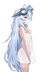 Rule 34 | 1girl, absurdres, blue eyes, blue hair, blue ribbon, blush, breasts, closed mouth, covering breasts, covering privates, di le to, dress, from side, hair between eyes, hair ornament, highres, light blue hair, long hair, looking at viewer, mole, mole under eye, original, profile, ribbon, see-through, see-through dress, short dress, simple background, small breasts, solo, tears, very long hair, white background, white dress