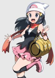Rule 34 | 1girl, :d, bag, beanie, black hair, black shirt, black socks, blue eyes, boots, bracelet, breasts, creatures (company), dawn (pokemon), floating hair, full body, game freak, grey background, hat, jewelry, kneehighs, long hair, miniskirt, nintendo, open mouth, outstretched hand, pink footwear, pink skirt, poke ball print, pokemon, pokemon dppt, print headwear, red scarf, scarf, shirt, simple background, skirt, sleeveless, sleeveless shirt, small breasts, smile, socks, solo, standing, standing on one leg, white hat, yuihico
