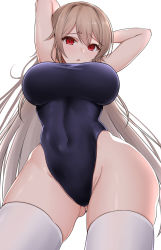 Rule 34 | 1girl, :o, absurdres, arms behind head, bare hips, blue one-piece swimsuit, blush, breasts, brown hair, contrapposto, covered navel, cowboy shot, from below, furen e lustario, gluteal fold, hair between eyes, highleg, highleg swimsuit, highres, impossible clothes, impossible swimsuit, kirikan (cokekiri), large breasts, long hair, looking at viewer, nijisanji, one-piece swimsuit, red eyes, school swimsuit, simple background, skindentation, solo, swimsuit, thighhighs, very long hair, virtual youtuber, white background, white thighhighs