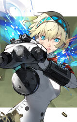 Rule 34 | 1girl, aegis (persona), android, blonde hair, blue eyes, breasts, finger cannon, headphones, highres, joints, large breasts, long sleeves, looking at viewer, osashimi 0343x, persona, persona 3, persona 3 reload, robot girl, robot joints, short hair, upper body