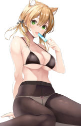 Rule 34 | 1girl, animal ear fluff, animal ears, arm behind back, bikini, bikini top only, black bikini, black pantyhose, blonde hair, blush, bow, bow panties, breasts, cat ears, cleavage, commentary request, food, green eyes, hair ornament, highres, inuzumi masaki, kantai collection, large breasts, looking at viewer, medium hair, panties, pantyhose, parted lips, popsicle, prinz eugen (kancolle), simple background, sitting, solo, swimsuit, tongue, tongue out, underboob, underwear, wariza, white background, white panties