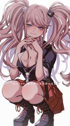 Rule 34 | 1girl, bear hair ornament, black footwear, black shirt, blonde hair, blue eyes, boots, bra, breasts, cleavage, closed mouth, criis-chan, danganronpa: trigger happy havoc, danganronpa (series), enoshima junko, foreshortening, hair ornament, hands up, high heel boots, high heels, knee boots, lace, lace-trimmed bra, lace trim, large breasts, long hair, miniskirt, nail polish, necktie, own hands together, pleated skirt, red nails, red skirt, shirt, simple background, skirt, solo, squatting, twintails, twitter username, underwear, white background