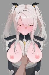 Rule 34 | 1girl, anna (80973911), blush, breasts, breasts out, closed mouth, disembodied hand, full-face blush, grey background, hair ornament, half-closed eyes, highres, karenina (punishing: gray raven), looking at viewer, medium breasts, medium hair, nipples, puffy cheeks, punishing: gray raven, simple background, solo, twintails, upper body, white hair, yellow eyes